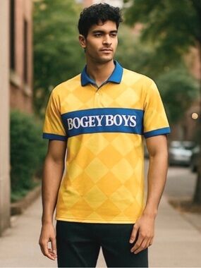 Bogey Boys mens size Large  Yellow and‎ Blue Argyle Polo Shirt golf NWT